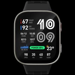 Montre connectée Amazfit Bip Max argentée avec grand écran AMOLED 2,07 pouces, cadran rectangulaire, bord fin, bracelet noir, affichage santé et GPS visible