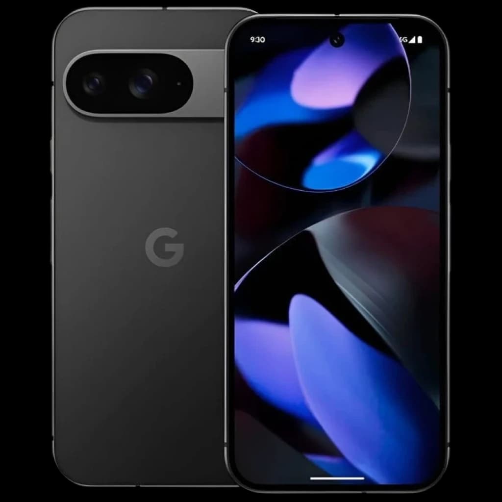 Google Pixel 9 5G 128GB Obsidiana renovado, estado excelente; pantalla OLED con bordes finos, cámara dual trasera horizontal y acabado negro mate elegante