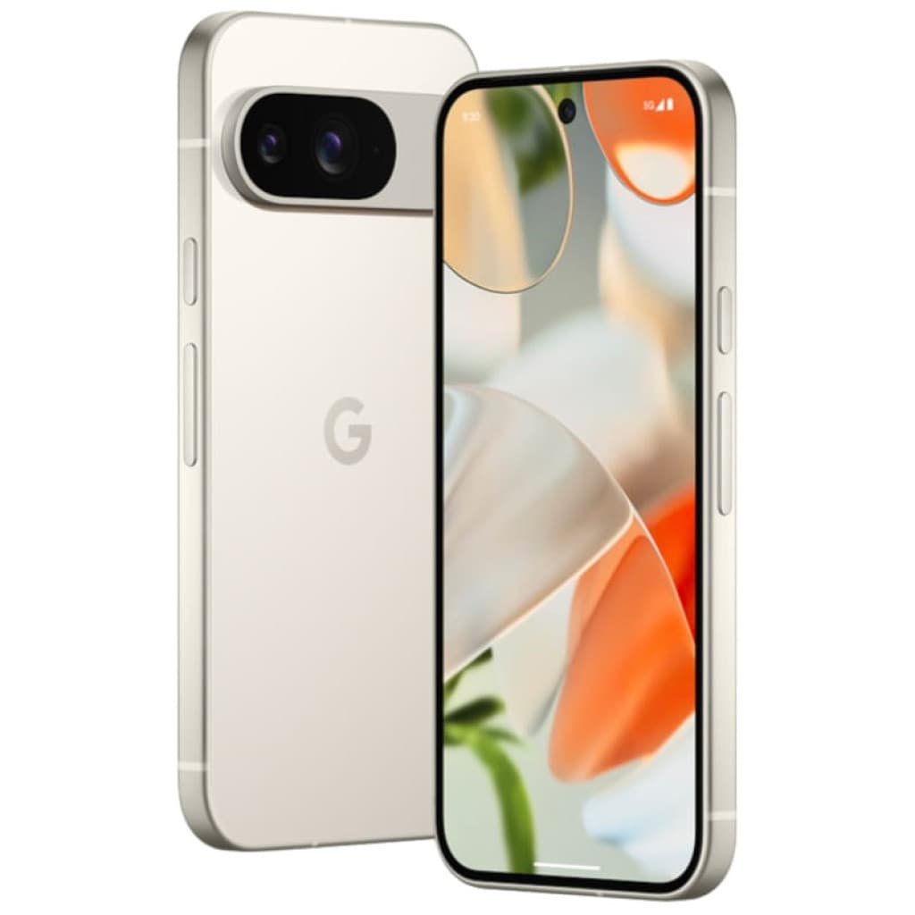 Smartphone porcelana con pantalla OLED sin bordes, cámara dual trasera en módulo negro, borde metálico mate y orificio centrado para la cámara frontal