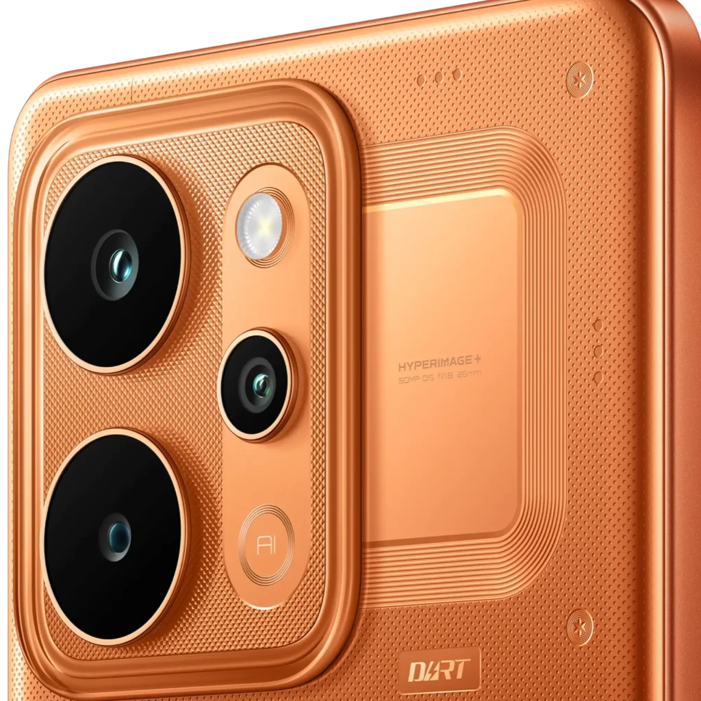 Realme P4 Power 5G naranja con pantalla completa perforada, marcos finos y módulo de triple cámara trasera grande con flash; acabado metálico mate - Ítem1