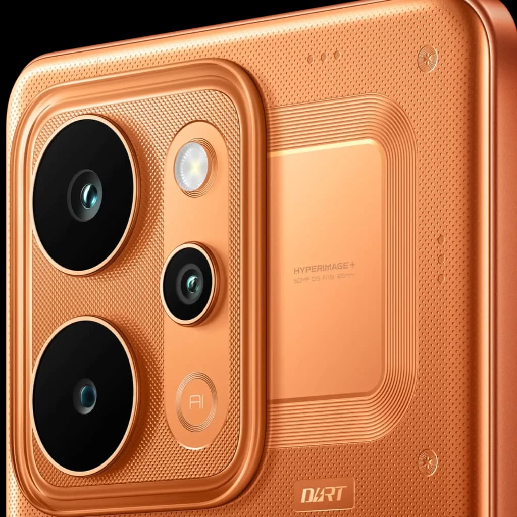 Module photo orange Realme P4 Power 5G 256 Go 8 Go 10001 mAh avec double grand capteur, flash, marquage AI et texture métallique micro‑perforée