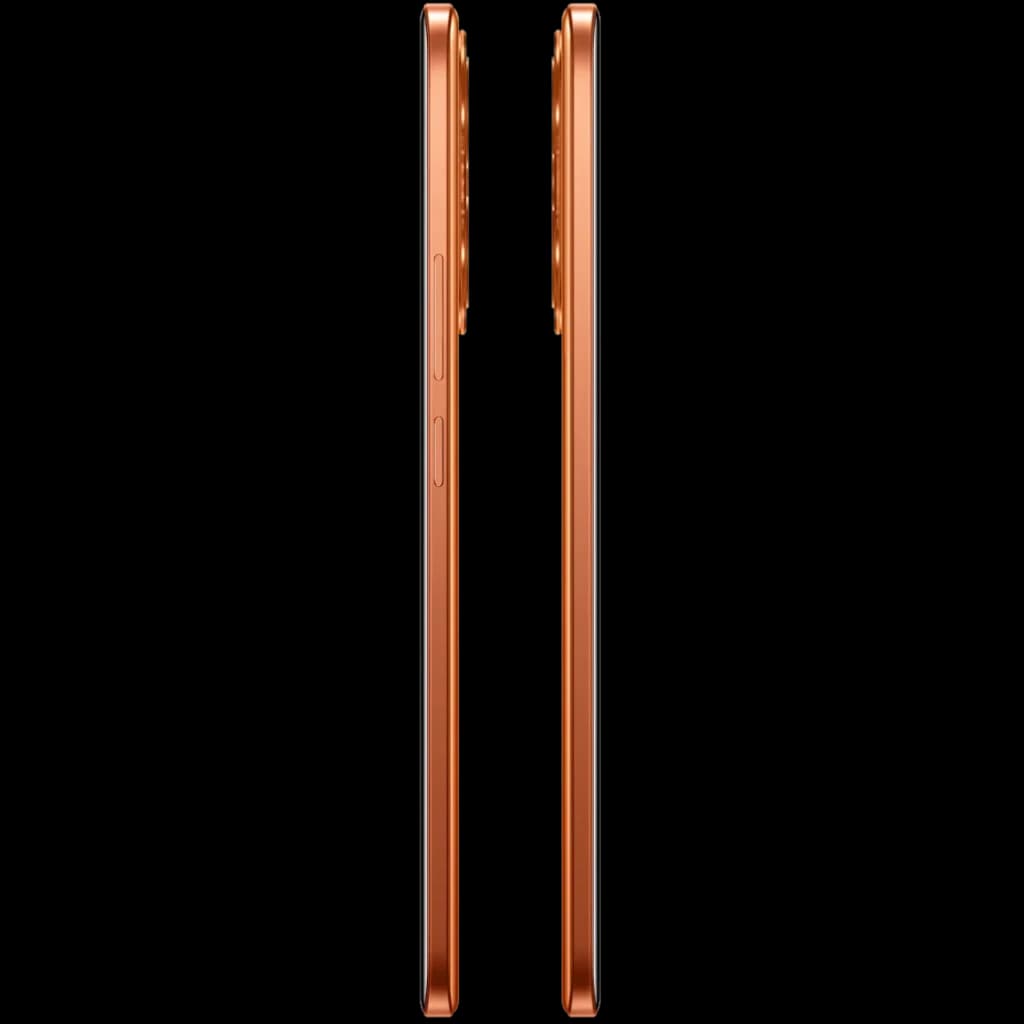 Realme P4 Power 5G 256 Go Orange 8 Go 10001 mAh profil latéral fin coloris orange, cadre métallique, boutons volume et alimentation visibles, module photo