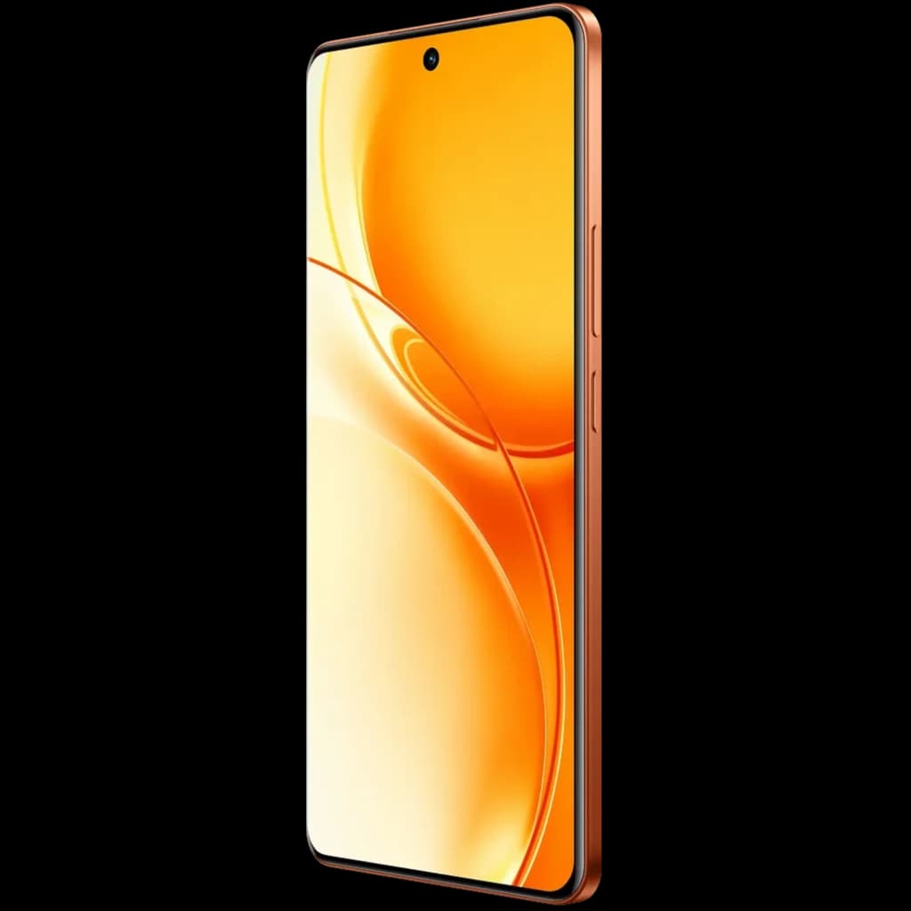 Realme P4 Power 5G orange avec grand écran bord à bord, poinçon centré, tranches droites et boutons latéraux dorés, finition brillante élégante