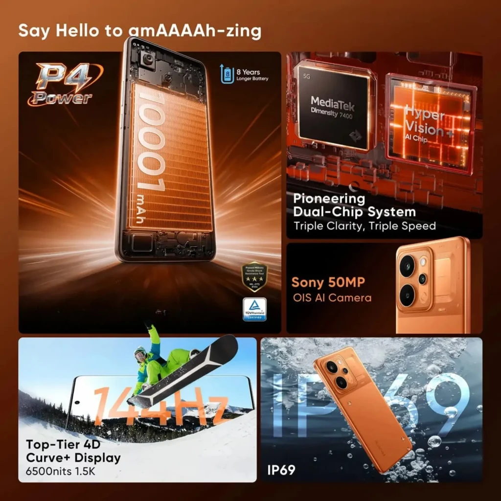 Realme P4 Power 5G naranja con pantalla completa perforada, marcos finos y módulo de triple cámara trasera grande con flash; acabado metálico mate - Ítem5