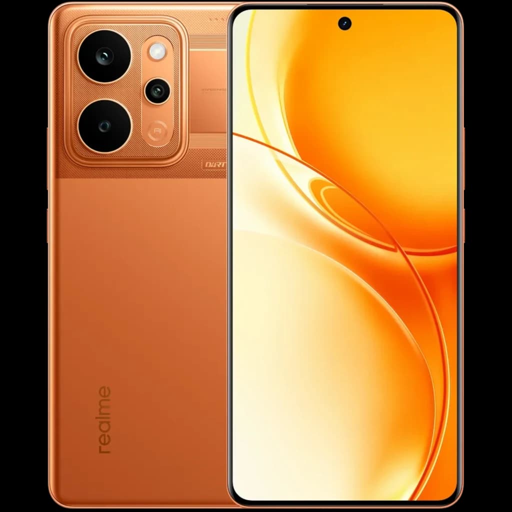 Smartphone Realme P4 Power 5G orange, grand écran bord à bord avec poinçon central, double grand module photo arrière, finition mate élégante