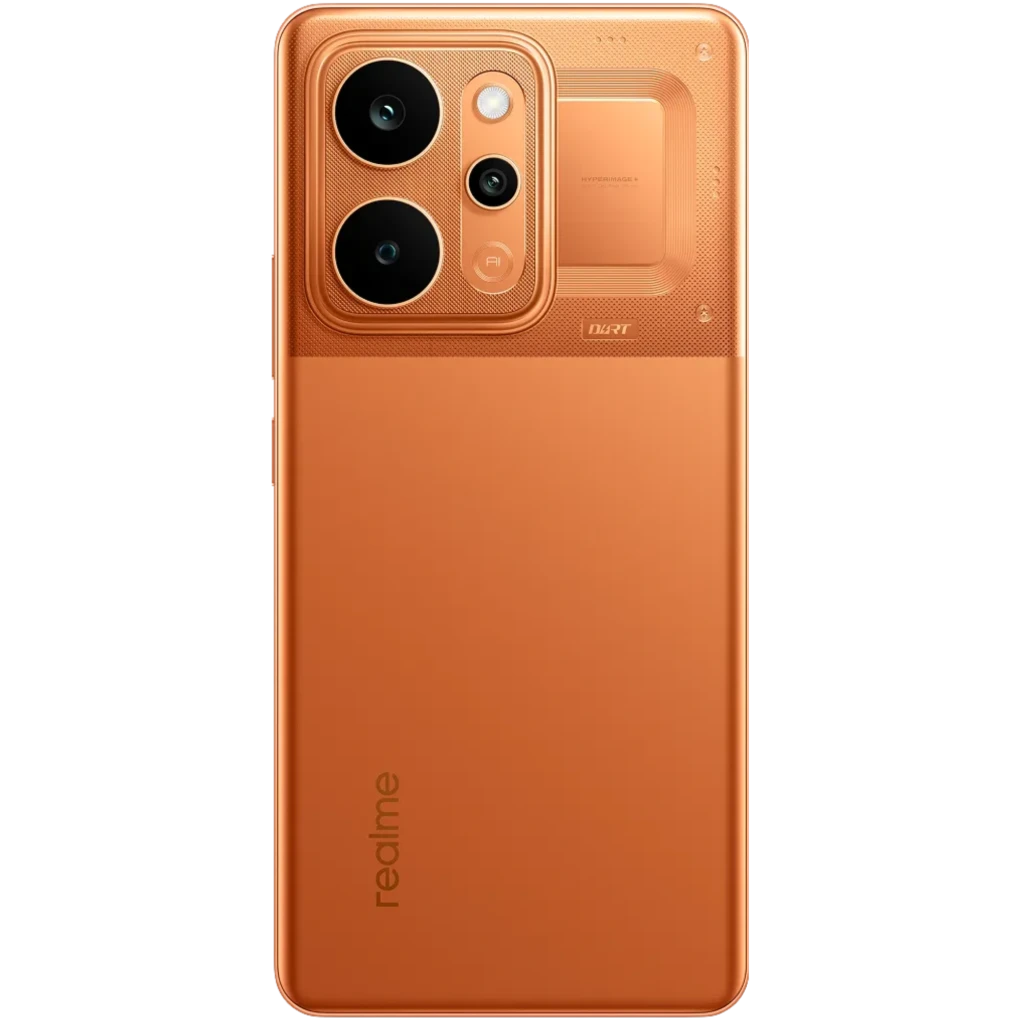 Realme P4 Power 5G naranja con pantalla completa perforada, marcos finos y módulo de triple cámara trasera grande con flash; acabado metálico mate - Ítem3