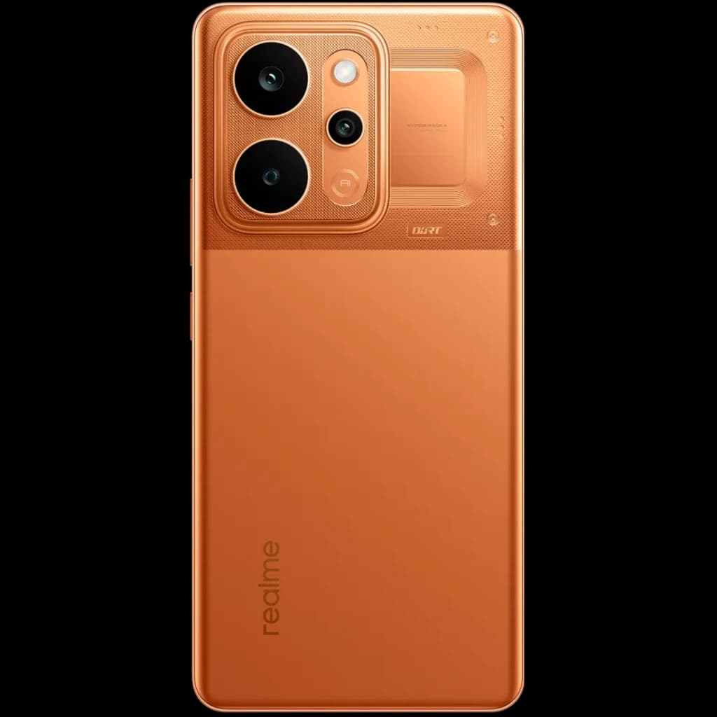 Realme P4 Power 5G orange avec grand module photo triple noir, capteur principal proéminent, dos mat bicolore et logo discret; design moderne et soigné