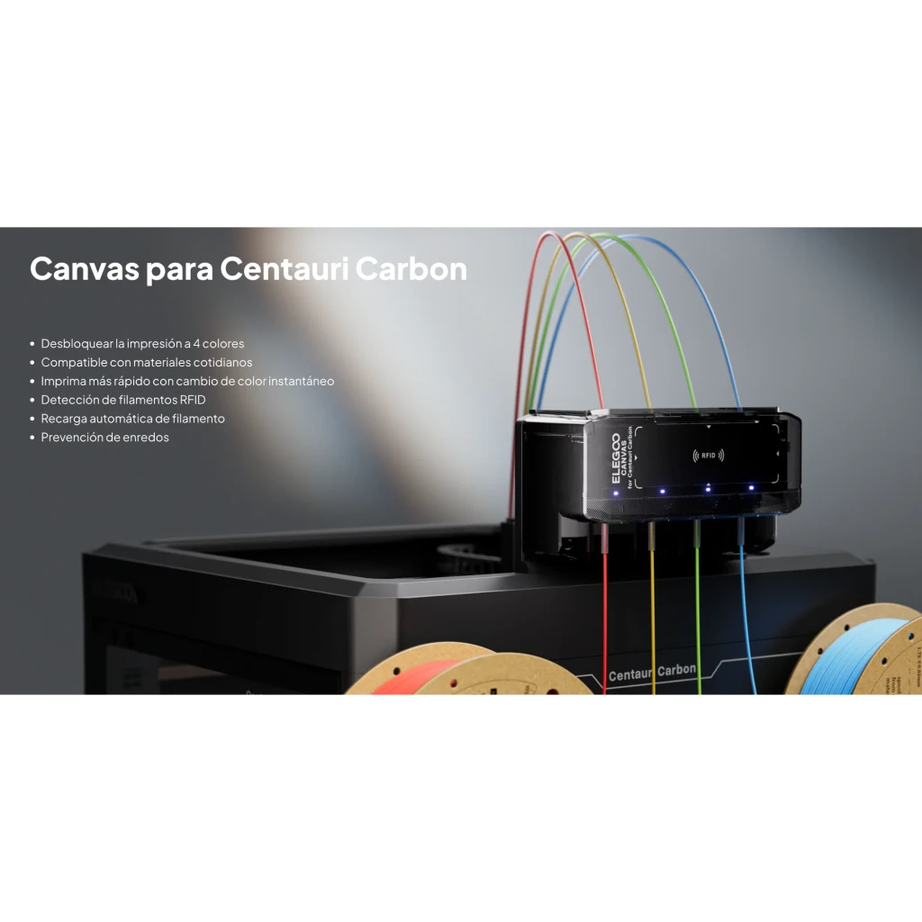 Módulo Elegoo Canvas con carcasa gris y panel RFID, cuatro entradas de filamento visibles, diseño compacto para impresión FDM multicolor a 500 mm/s - Ítem1