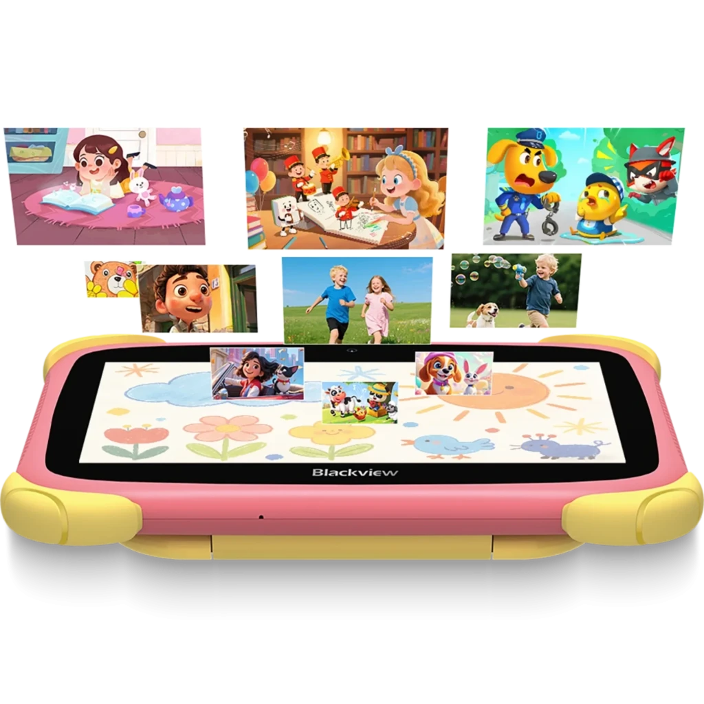 Capa traseira azul infantil com tigre sorridente, cantos reforçados amarelos, caneta stylus encaixada e câmera central; detalhes Let’s Go e pegadas amarelas - Item4