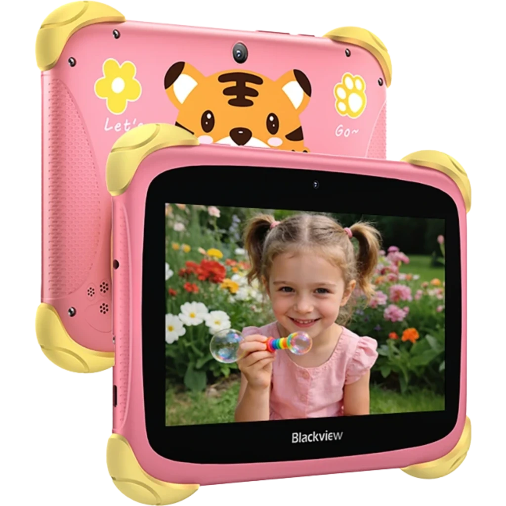 Capa traseira azul infantil com tigre sorridente, cantos reforçados amarelos, caneta stylus encaixada e câmera central; detalhes Let’s Go e pegadas amarelas - Item1