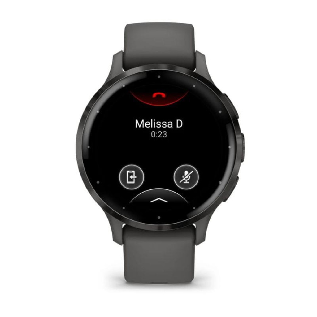 Garmin Venu 3 cinzento renovado em excelente condição, mostrador redondo preto com chamada em curso, botões laterais, ícones de microfone e encerrar - Item5