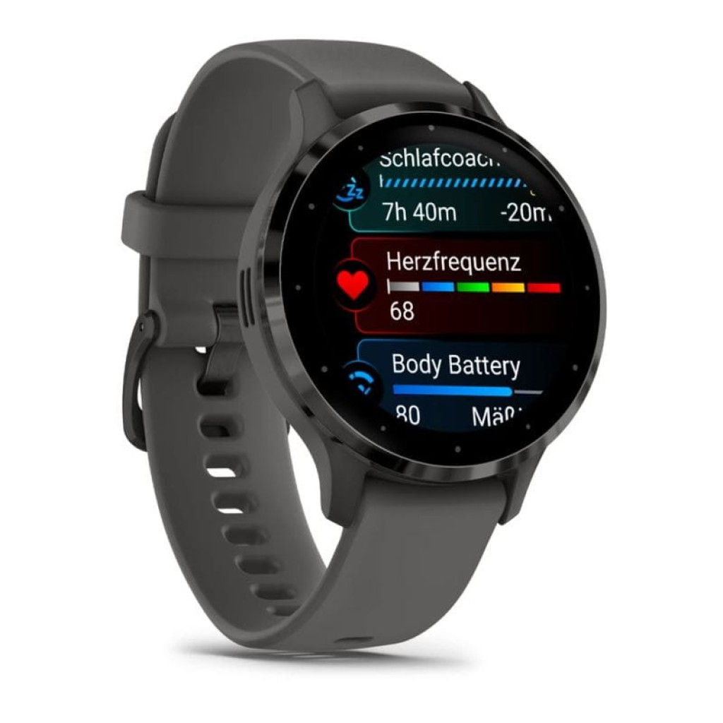 Garmin Venu 3 cinzento renovado em excelente condição, mostrador redondo preto com chamada em curso, botões laterais, ícones de microfone e encerrar - Item4