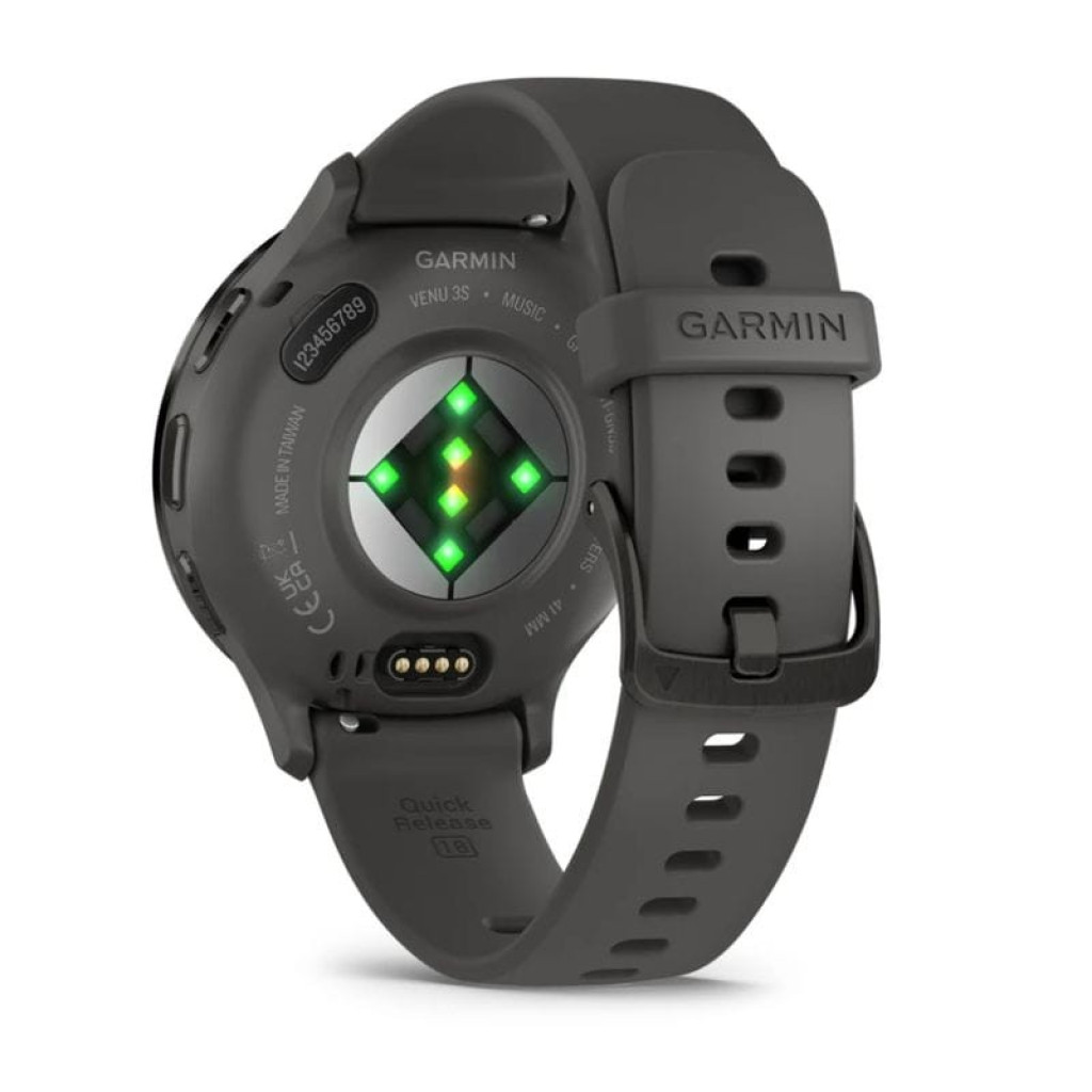 Garmin Venu 3 cinzento renovado em excelente condição, mostrador redondo preto com chamada em curso, botões laterais, ícones de microfone e encerrar - Item3