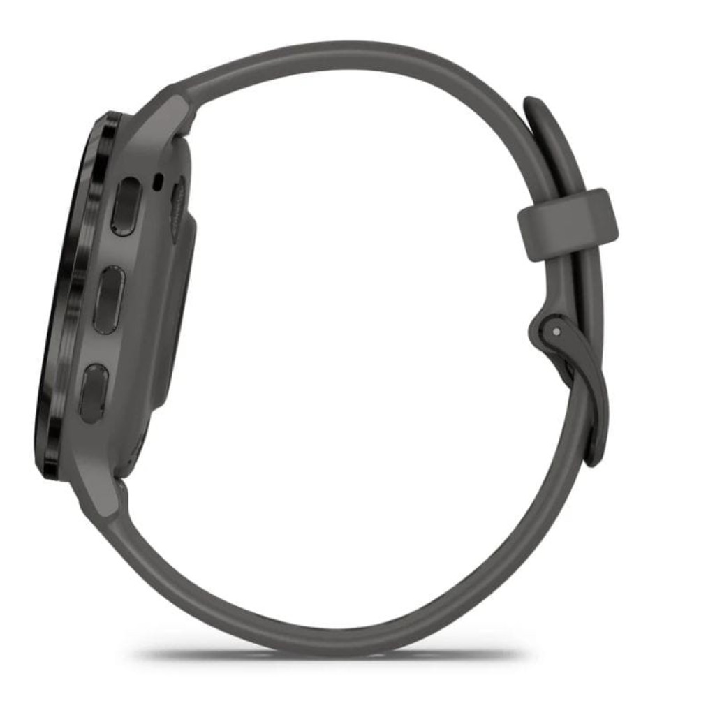 Garmin Venu 3 cinzento renovado em excelente condição, mostrador redondo preto com chamada em curso, botões laterais, ícones de microfone e encerrar - Item2