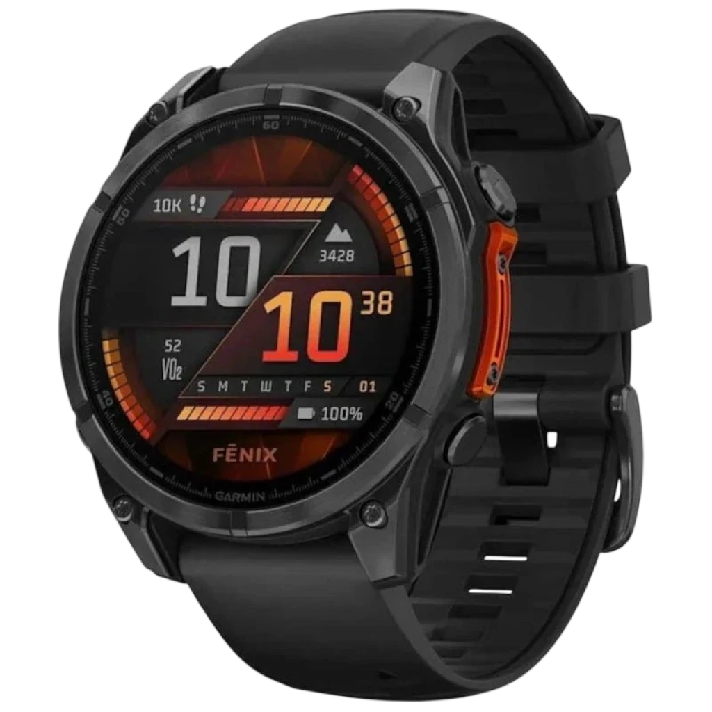 Garmin Fenix 8 AMOLED 47mm em aço preto, mostrador redondo com tela AMOLED brilhante, botão lateral laranja, visor com hora, clima e saudação. Renovado - Item6