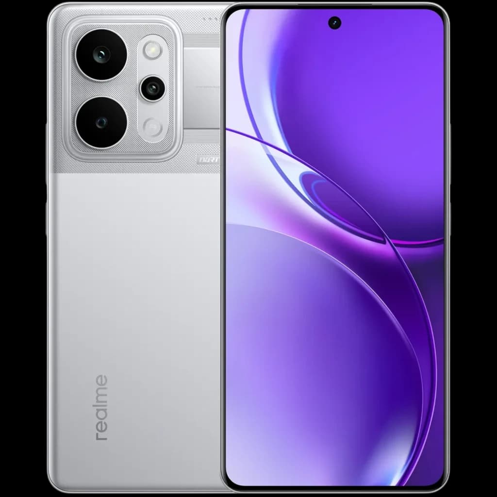 Realme P4 Power 5G 256 Go Silver 8 Go 144Hz avec écran bord à bord perforé, dos argent brossé, triple caméra grand module et bordures fines élégantes