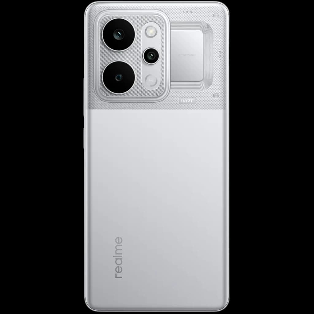 Realme P4 Power 5G 256 Go Silver 8 Go 144Hz, dos argent mat avec grand module photo rectangulaire, deux grands capteurs noirs et flash, finitions métalliques