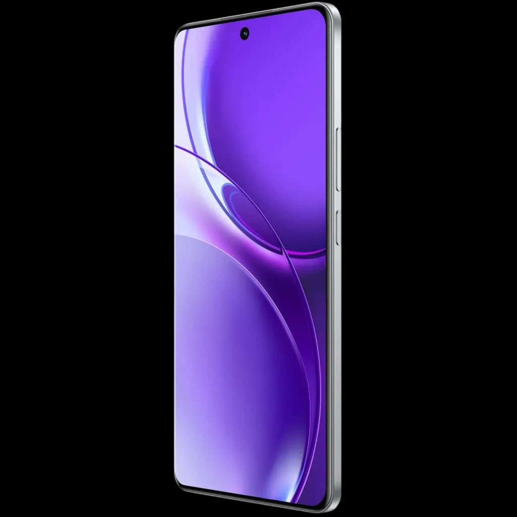 Realme P4 Power 5G 256 Go Silver 12 Go 144 Hz avec écran bord à bord perforé centré, bords plats argentés et reflets violets brillants