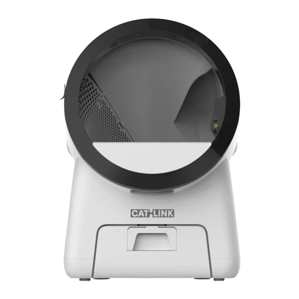 Litière Autonettoyante CATLINK Scoop Robot Pro 15L Blanc App WiFi 4 Capteurs + Infrarouge, vue de face: globe noir à