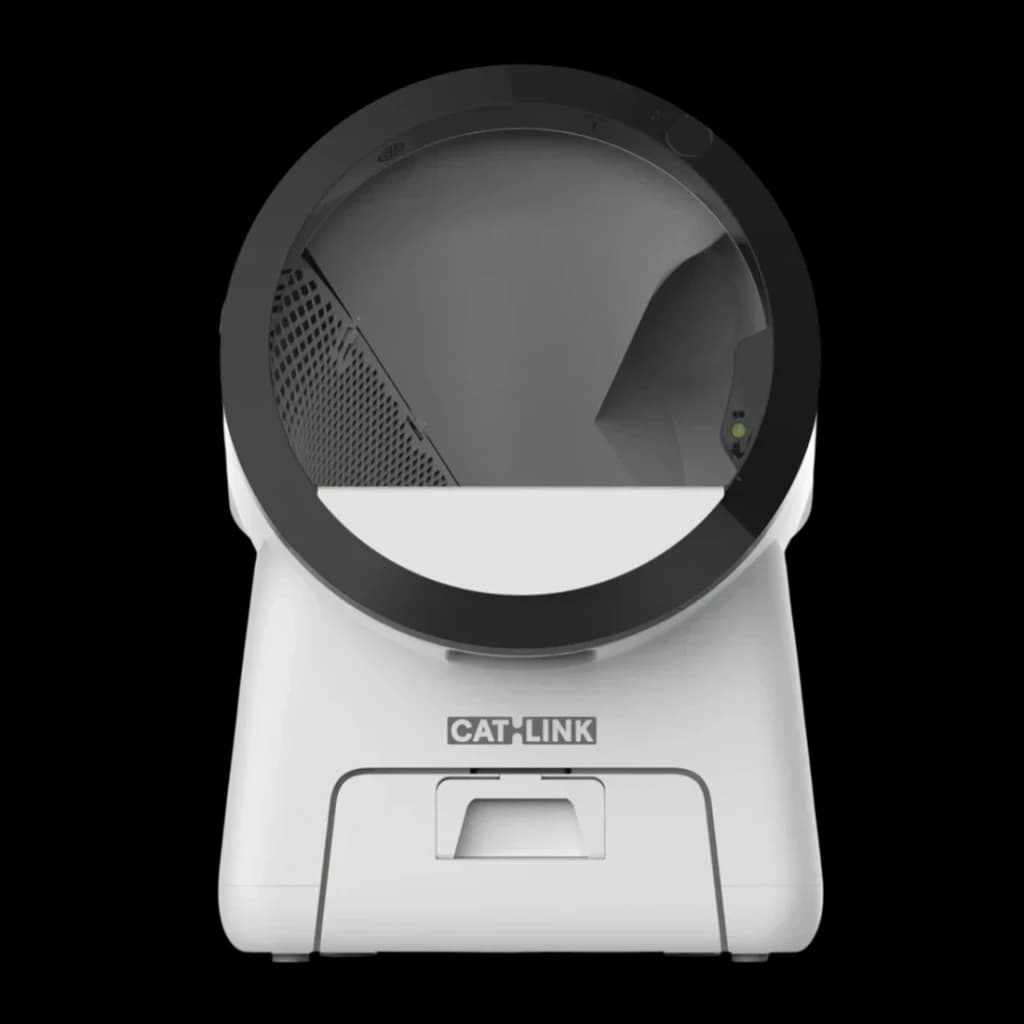 Litière Autonettoyante CATLINK Scoop Robot Pro 15L Blanc App WiFi 4 Capteurs + Infrarouge, vue de face: globe noir à