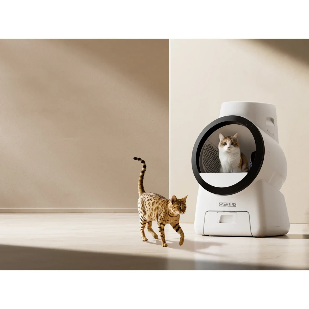 Litière Autonettoyante CATLINK Scoop Robot Pro 15L Blanc App WiFi 4 Capteurs + Infrarouge, en utilisation: chat à