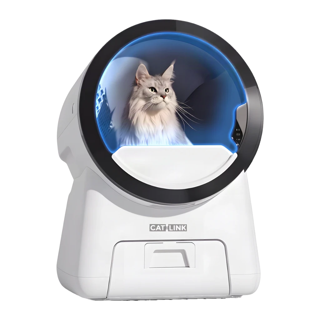 Litière Autonettoyante CATLINK Scoop Robot Pro 15L Blanc App WiFi 4 Capteurs + Infrarouge, détail: chat Maine Coon