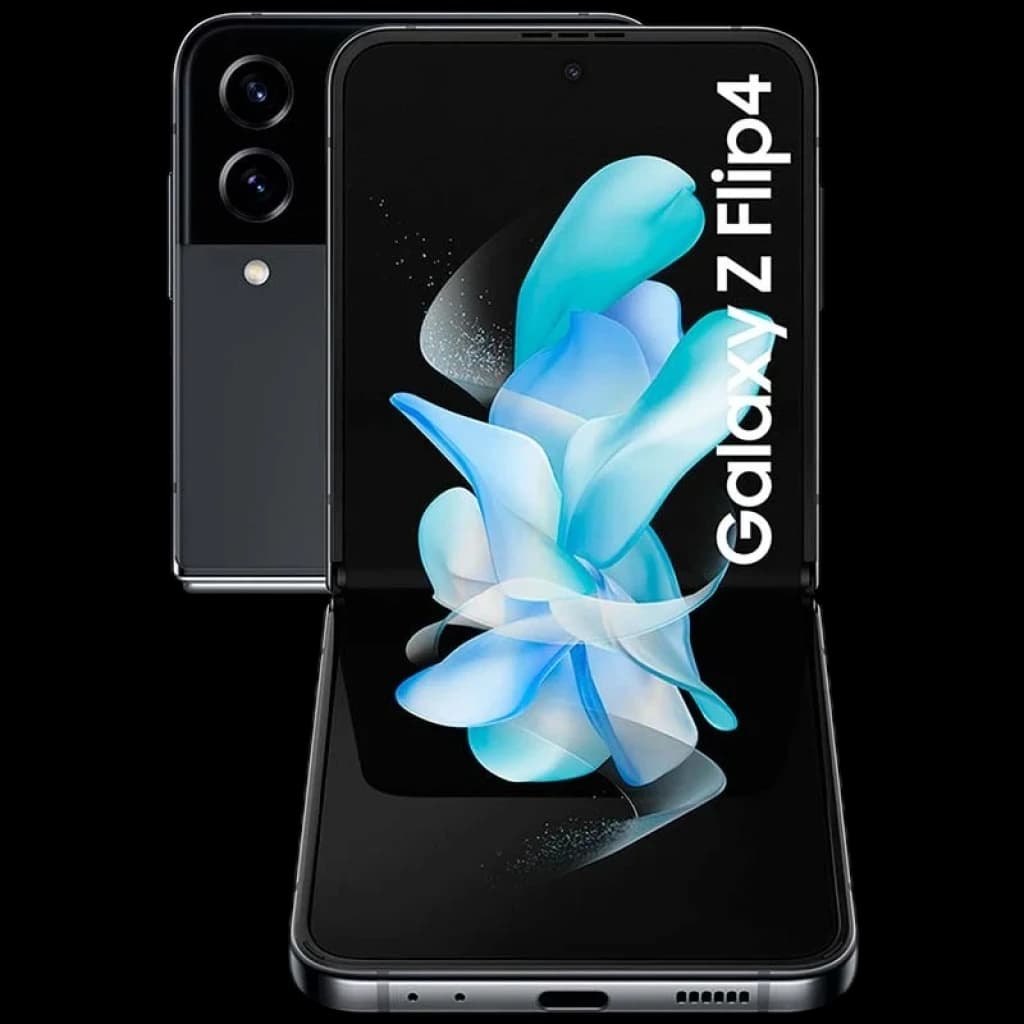 Samsung Galaxy Z Flip4 5G 256 Go noir reconditionné excellent état, design pliable, écran OLED lumineux, double capteur photo arrière, bords fins élégants