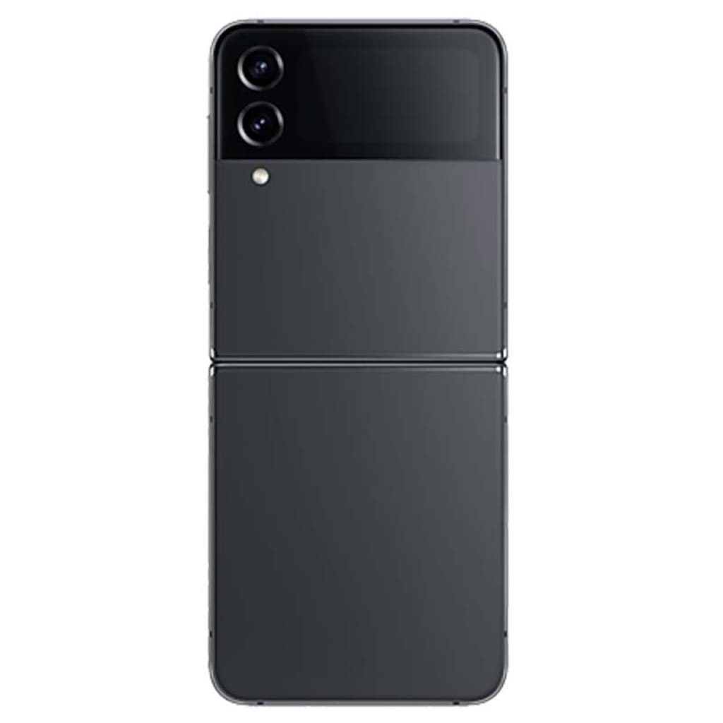 Smartphone pliable noir avec double module photo vertical, écran externe brillant en haut, charnière centrale discrète, finition reconditionnée excellent