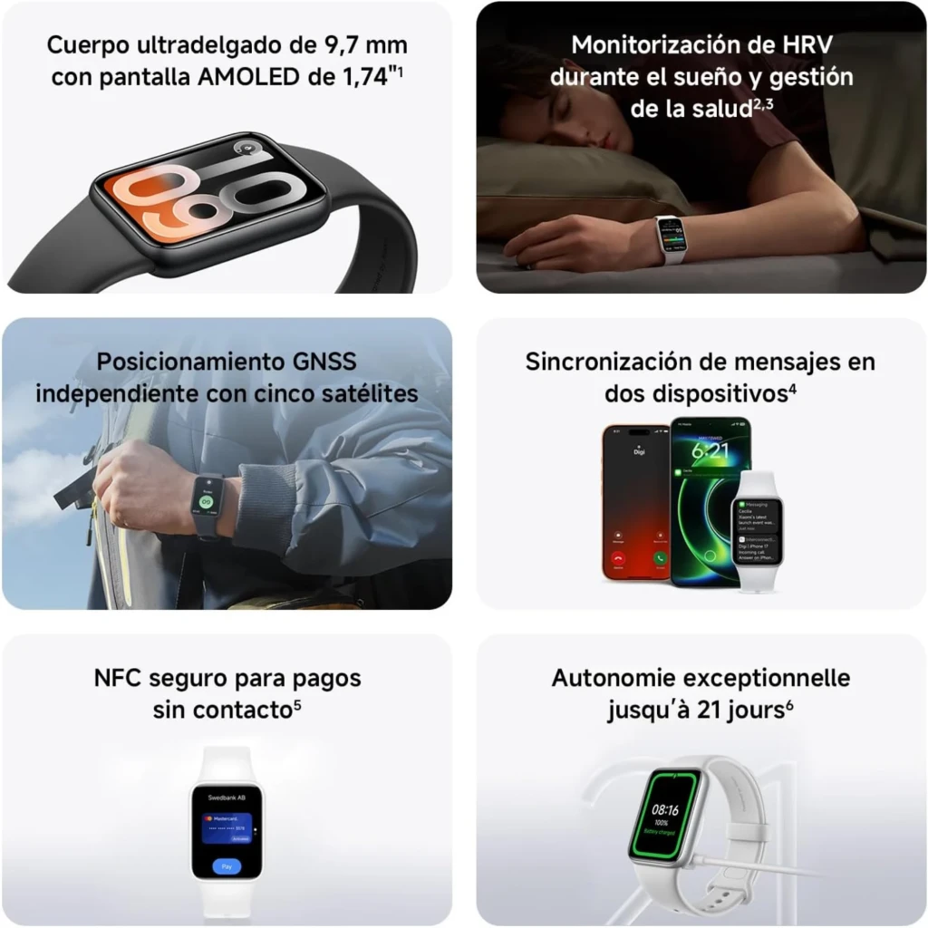 Pulseira Xiaomi Smart Band 10 Pro NFC prateada com ecrã AMOLED 1,74, moldura metálica curva, bracelete silicone ajustável e pagamentos contactless - Item1