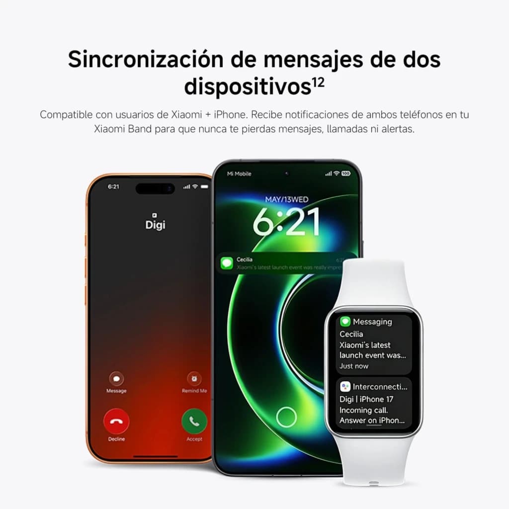 Xiaomi Smart Band 10 Pro preta ao lado de dois smartphones, tela AMOLED 1,74 com notificações de chamadas e mensagens, mostrador retangular e pulseira