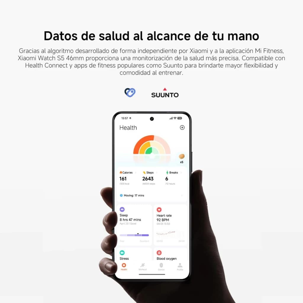 Tela de app de saúde no smartphone exibindo métricas coloridas de atividade, sono, batimentos e oxigênio; interface limpa com gráficos circulares e cards