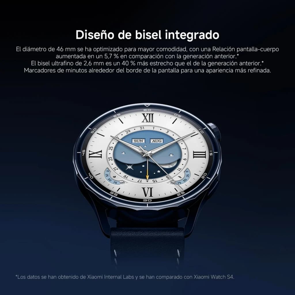 Relógio Xiaomi Watch S5 46 mm prateado com mostrador AMOLED 1,48, aro fino integrado, marcadores romanos e submostrador duplo; pulseira preta elegante