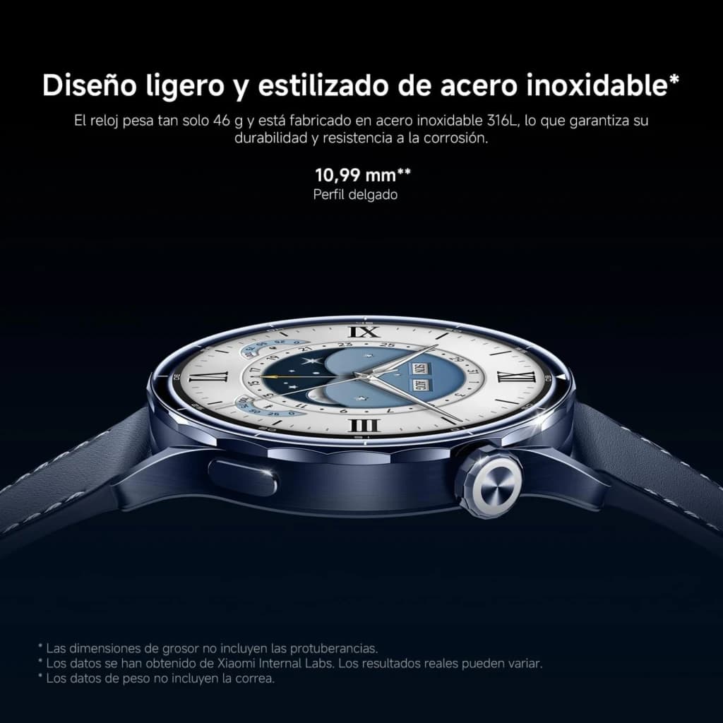 Xiaomi Watch S5 46 mm prateado, caixa em aço inoxidável 316L, perfil 10,99 mm, mostrador AMOLED 1,48 com detalhes clássicos e coroa lateral elegante