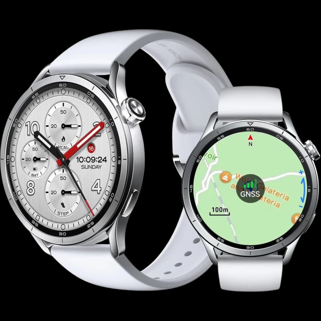 Xiaomi Watch S5 46 mm prateado com caixa metálica, mostrador AMOLED 1,48 pol, pulseira branca perfurada, botões laterais e ecrã de mapa GNSS colorido