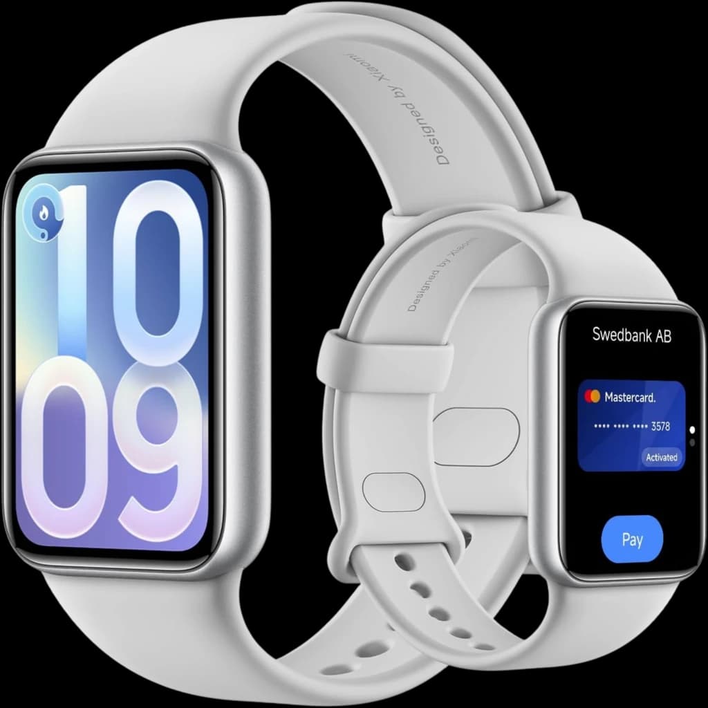 Xiaomi Smart Band 10 Pro NFC en plata con pantalla AMOLED 1,74, correas de silicona, bordes curvos, interfaz deportiva y pago sin contacto activa