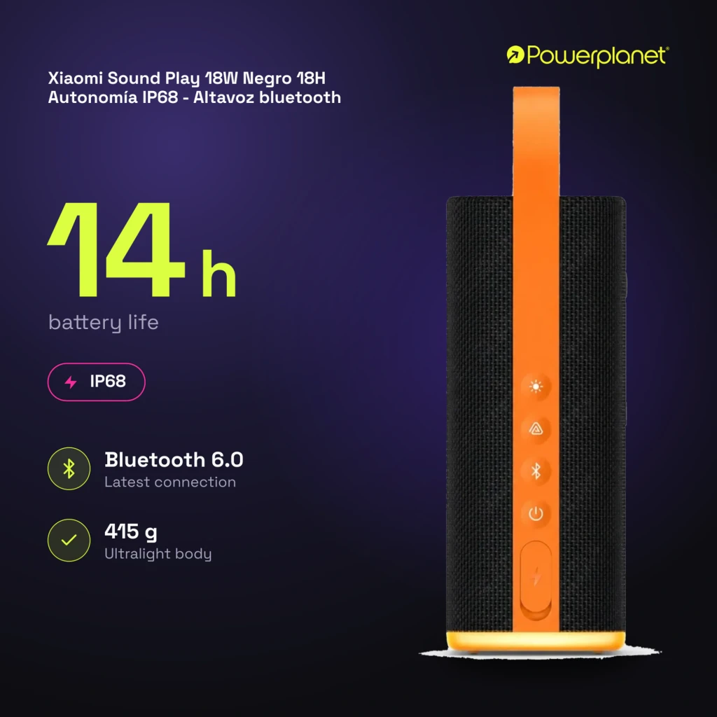 Coluna Bluetooth Xiaomi Sound Play preta com alça laranja, corpo retangular em tecido, botões frontais e base laranja; design robusto e portátil IP68 - Item3