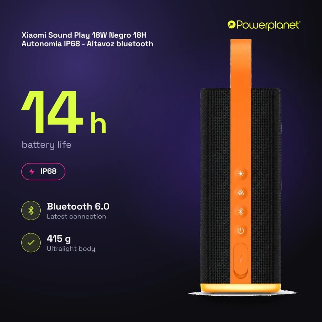 Altavoz Bluetooth Xiaomi Sound Play negro con correa naranja, malla textil, botones laterales, potencia 18W, resistencia IP68 y autonomía de 14h