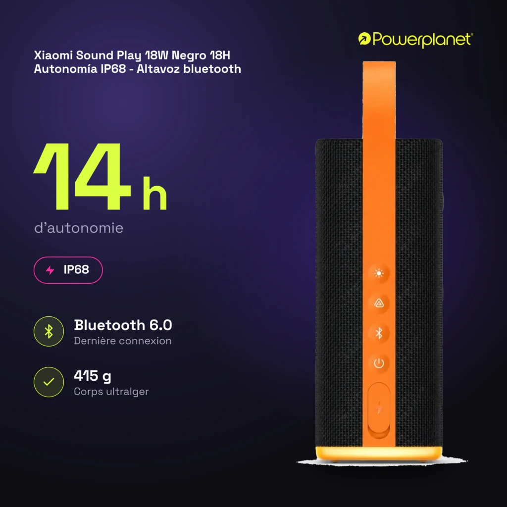 Coluna Bluetooth Xiaomi Sound Play preta com alça laranja, corpo retangular em tecido, botões frontais e base laranja; design robusto e portátil IP68 - Item4
