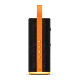 Altavoz portátil negro con correa naranja, rejilla textil y botones frontales naranjas; diseño vertical compacto, base y borde superior en naranja brillante