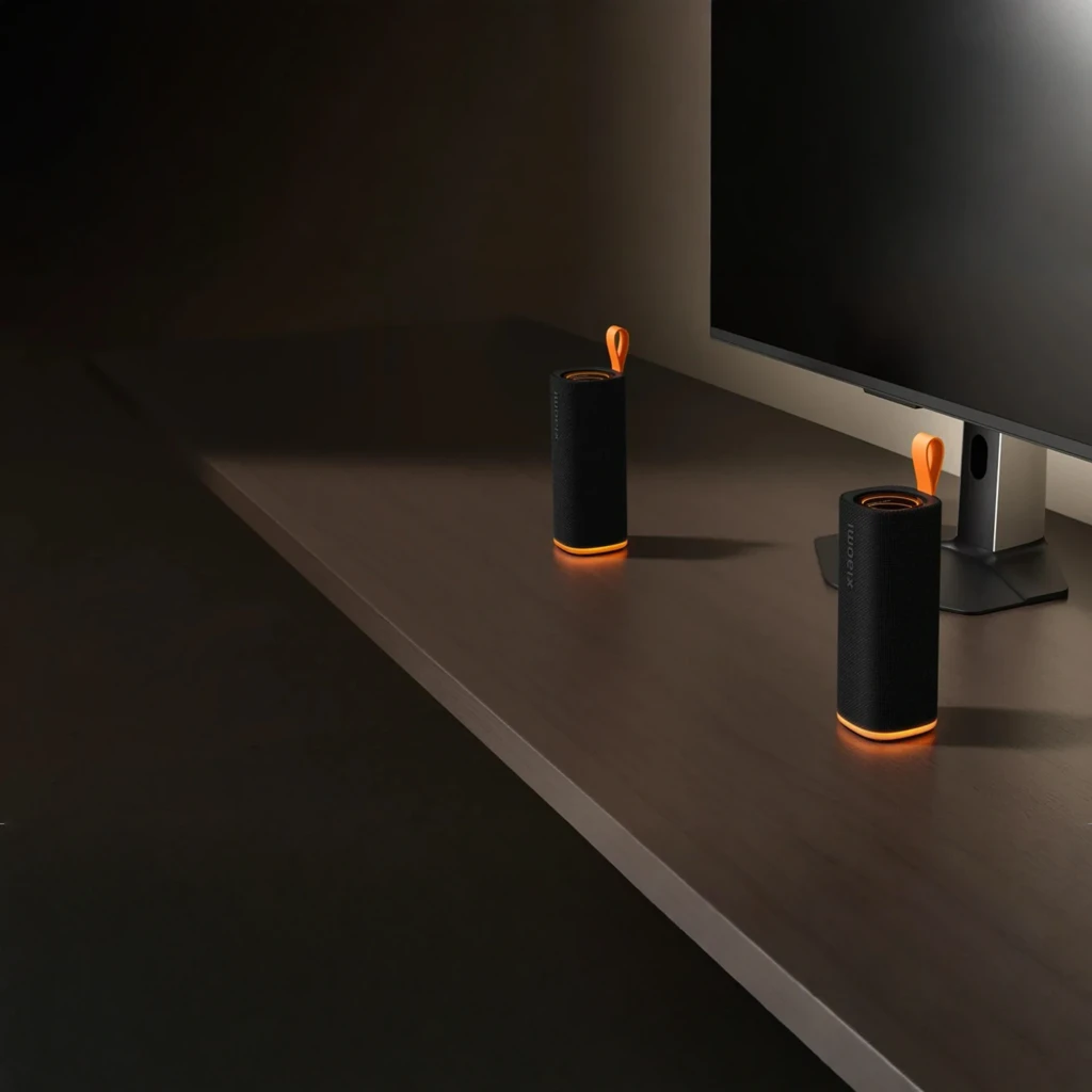 Coluna Bluetooth Xiaomi Sound Play preta com alça laranja, corpo retangular em tecido, botões frontais e base laranja; design robusto e portátil IP68 - Item1