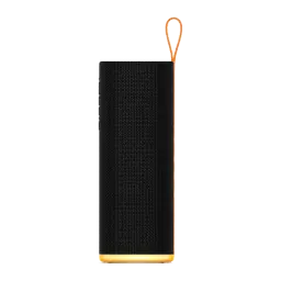 Altavoz Bluetooth Xiaomi Sound Play negro cilíndrico con malla textil, base y borde naranja, correa de mano naranja, botones laterales y diseño resistente