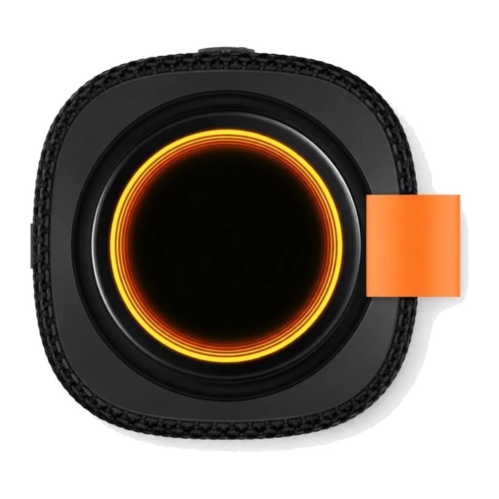 Coluna Bluetooth Xiaomi Sound Play preta com alça laranja, corpo retangular em tecido, botões frontais e base laranja; design robusto e portátil IP68 - Item9