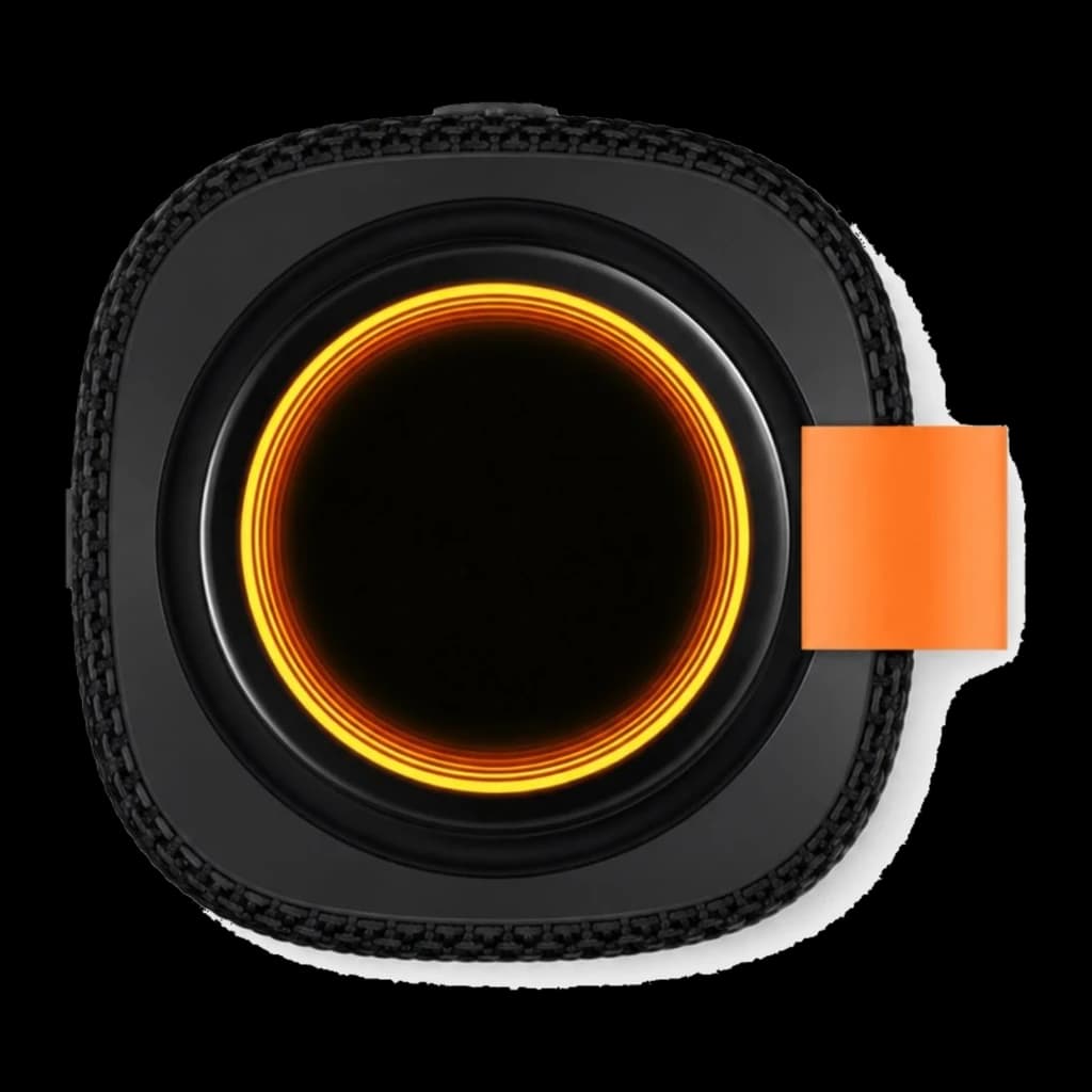Altavoz Bluetooth Xiaomi Sound Play negro, cuerpo cuadrado con rejilla textil, aro luminoso naranja, correa lateral naranja, diseño resistente IP68