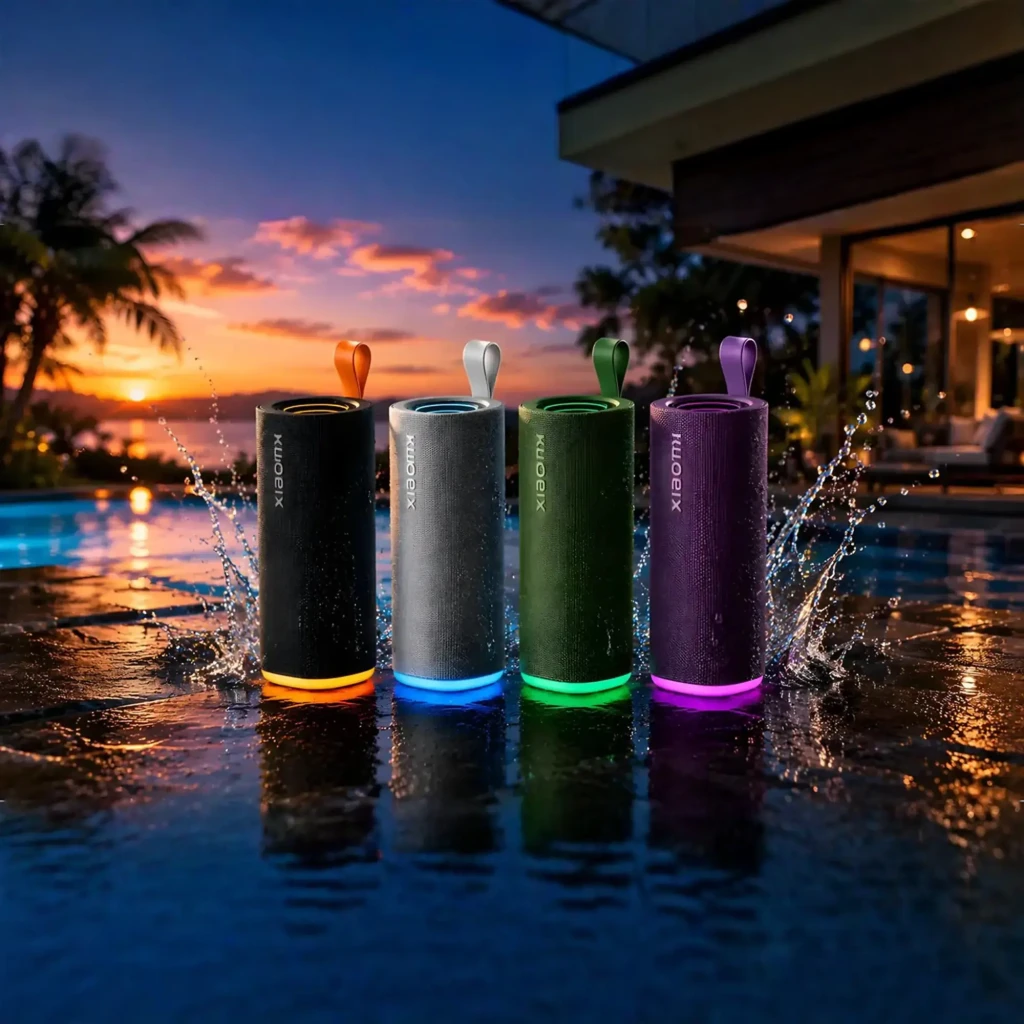 Coluna Bluetooth Xiaomi Sound Play preta com alça laranja, corpo retangular em tecido, botões frontais e base laranja; design robusto e portátil IP68 - Item7