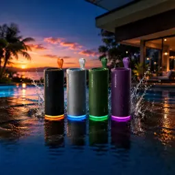 Altavoz Bluetooth Xiaomi Sound Play negro cilíndrico con asa, malla textil y aro LED inferior; diseño robusto IP68, estilo portátil junto a piscina al