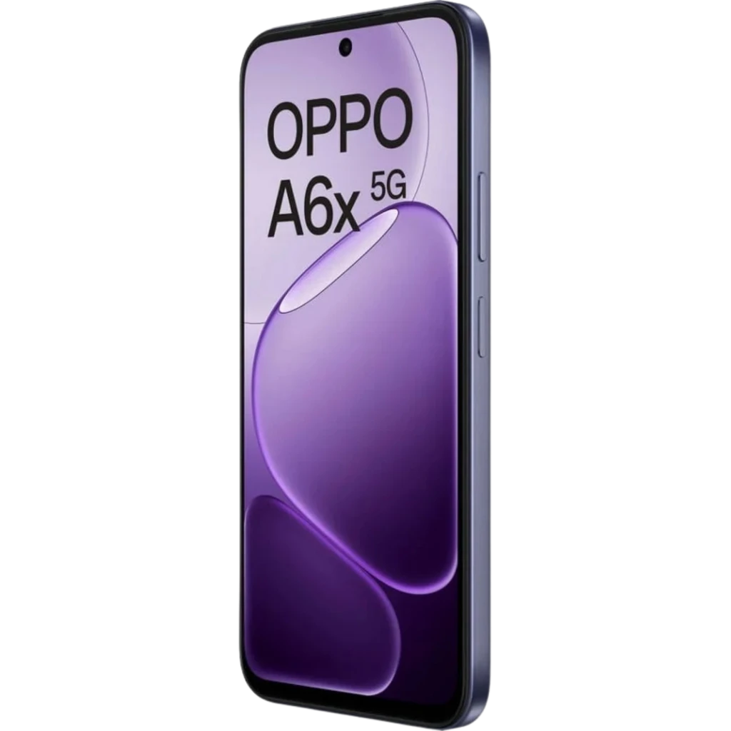 OPPO A6X 5G negro con pantalla amplia, doble cámara trasera con aro plateado, frontal con borde delgado y notch mínimo; diseño elegante y batería 6100 mAh - Ítem1