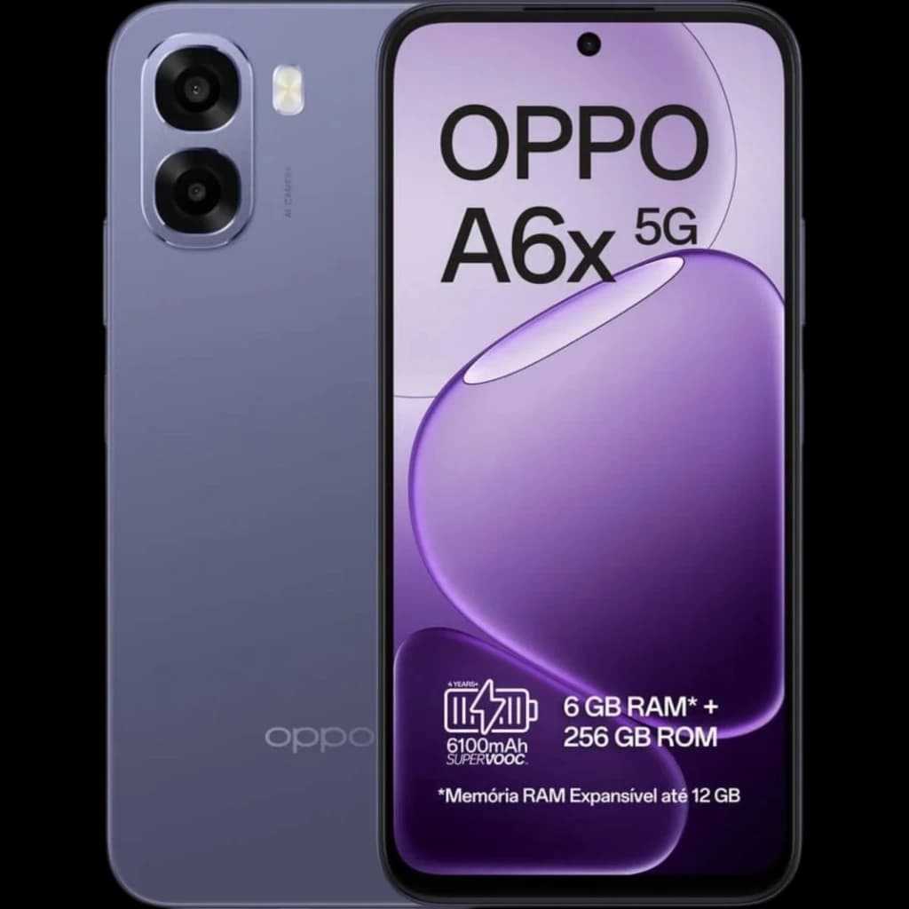 OPPO A6X 5G negro con pantalla amplia, doble cámara trasera con aro plateado, frontal con borde delgado y notch mínimo; diseño elegante y batería 6100 mAh