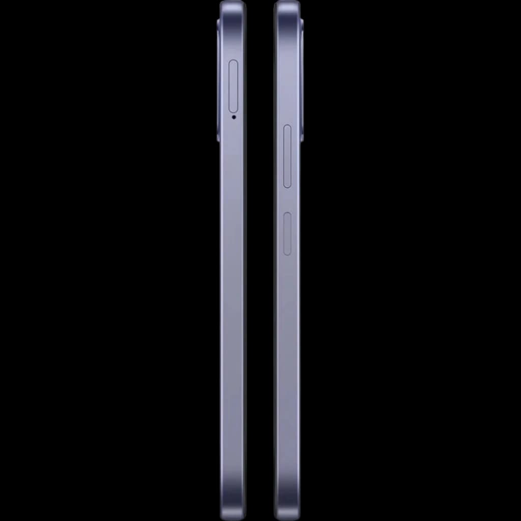 Lateral del OPPO A6X 5G negro con marco delgado, botones de volumen y encendido visibles, diseño recto y perfil delgado de 256 GB, 8 GB RAM, 6100 mAh