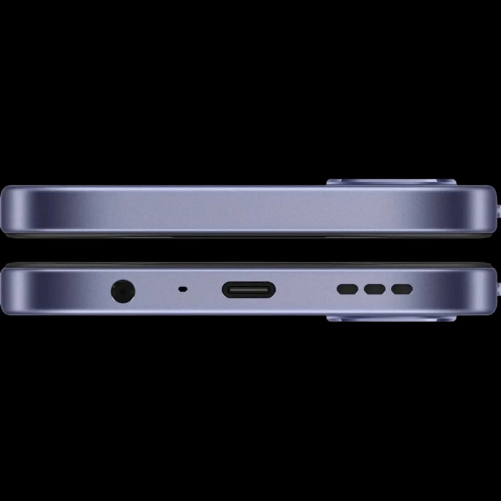 Bordes del OPPO A6X 5G en negro con puerto USB-C, jack 3.5 mm, micrófono y altavoces; módulo de cámara sobresaliente y acabado mate elegante