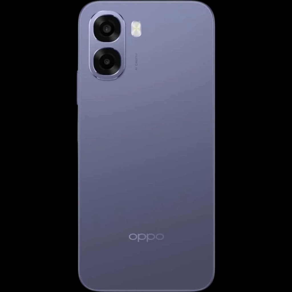 OPPO A6X 5G negro con tapa trasera mate, doble cámara trasera vertical con anillos grandes y flash LED cuadrado, logo OPPO inferior discreto